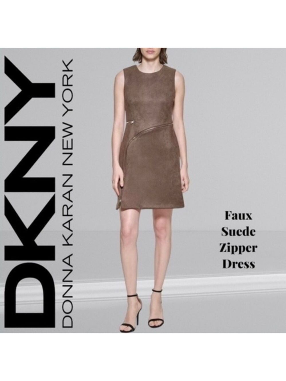 DKNY Faux-Suede Wraparound Zipper Trim Short Sheath Dress-Toffee/Size 14/NWT